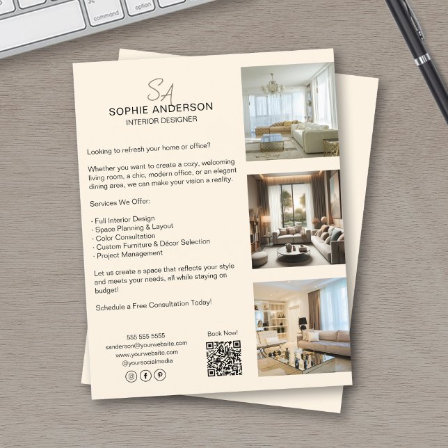 Flyer Monograma Foto QR Cream Professional Business (Monogram Photo QR Cream Professional Business Flyer)