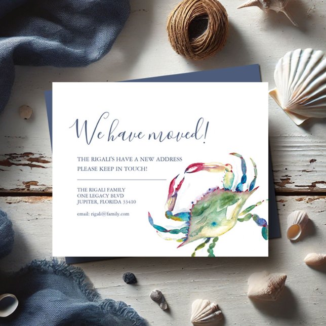 Flyer Mudança de orçamento de caranguejo de Aquarela de  (Printed moving announcements watercolor blue crab art by Victoria Grigaliunas of Do Tell A Belle)