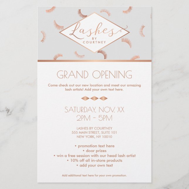 Flyer Muitas Cinza/Rosa Dourada de Salão de Lash Pattern (Frente)