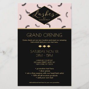 Flyer Muitos traços do padrão Lash Salão rosa/Preto/Dour