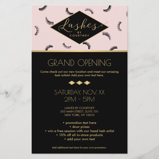 Flyer Muitos traços do padrão Lash Salão rosa/Preto/Dour (Frente)