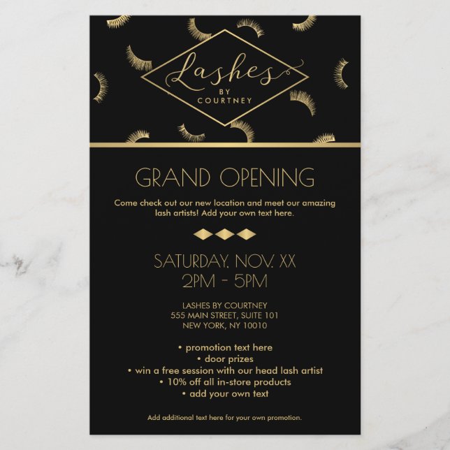 Flyer Muitos traços padrão Lash Salão preto/Dourado (Frente)