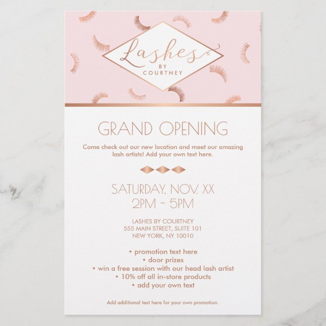 Flyer Muitos traços padrão Lash Salão rosa/Rosa Dourado (Frente)