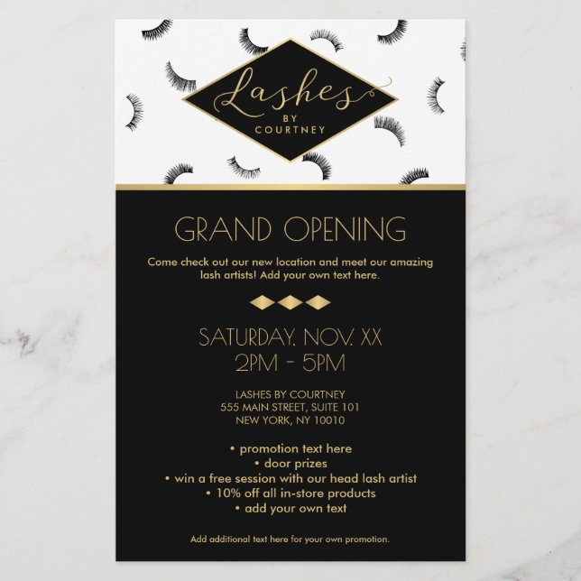 Flyer Muitos traços Padrões Lash Salão Branco/Preto/Dour (Frente)
