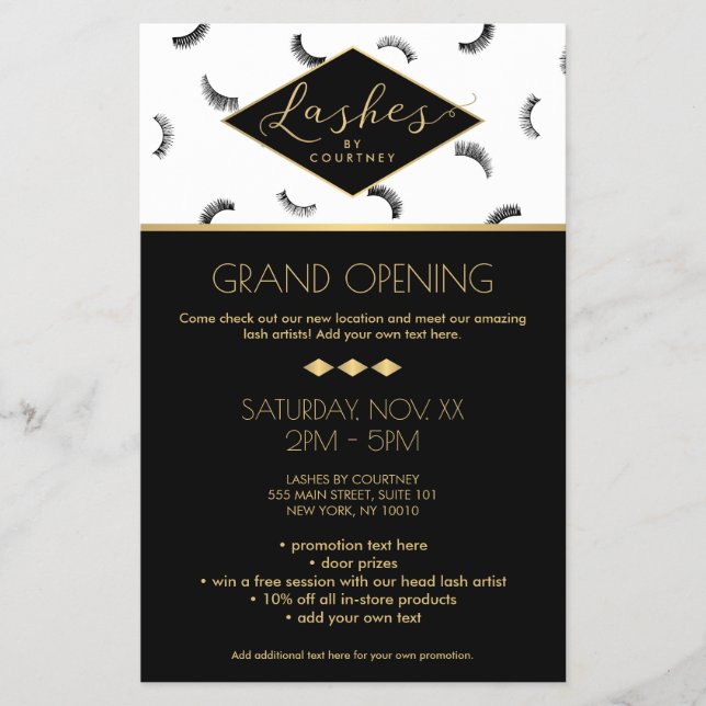 Flyer Muitos traços Padrões Lash Salão Branco/Preto/Dour (Frente)