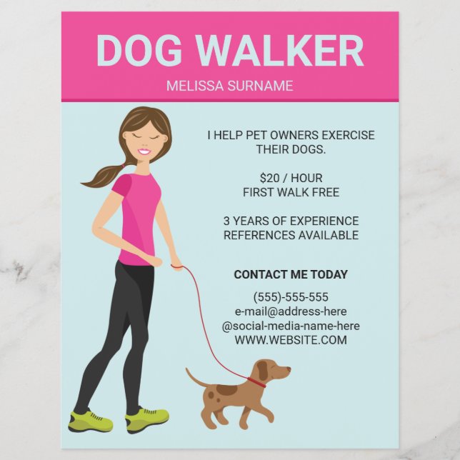 Flyer Mulher passeando com cachorro com uma ilustração d (Frente)