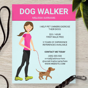 Flyer Mulher passeando com cachorro com uma ilustração d