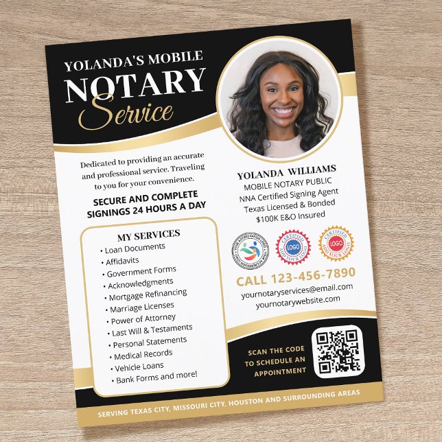 Flyer Na moda Mobile Notary Public QR Code Black Dourado (Criador carregado)