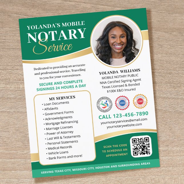 Flyer Na moda Mobile Notary Public QR Code Green (Criador carregado)