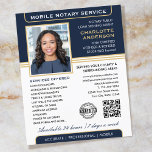 Flyer Na moda Mobile Notary Service Photo Blue Dourado<br><div class="desc">Atrair mais clientes com esses folhetos de negócios clássicos do 'Serviço Notário Móvel'. Um modelo de na moda personalizado com sua foto, nome, detalhes, código QR e um logotipo ou símbolo de acreditação. Todos os textos e imagens podem ser personalizados ou excluídos para que você possa incluir as informações desejadas....</div>