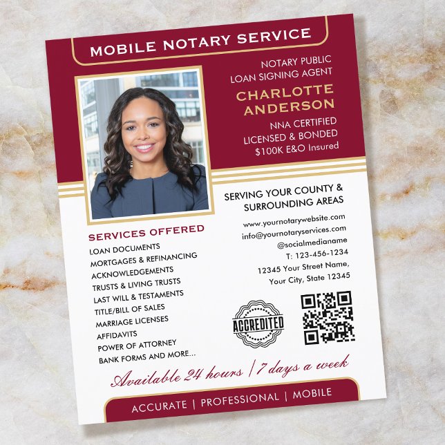 Flyer Na moda Mobile Notary Service Photo Burgundy Doura (Criador carregado)