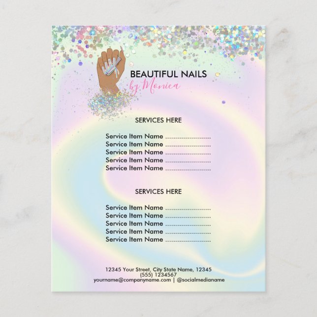 Flyer Nail Technician Mani Salon Holograph Girly Modern (Frente)