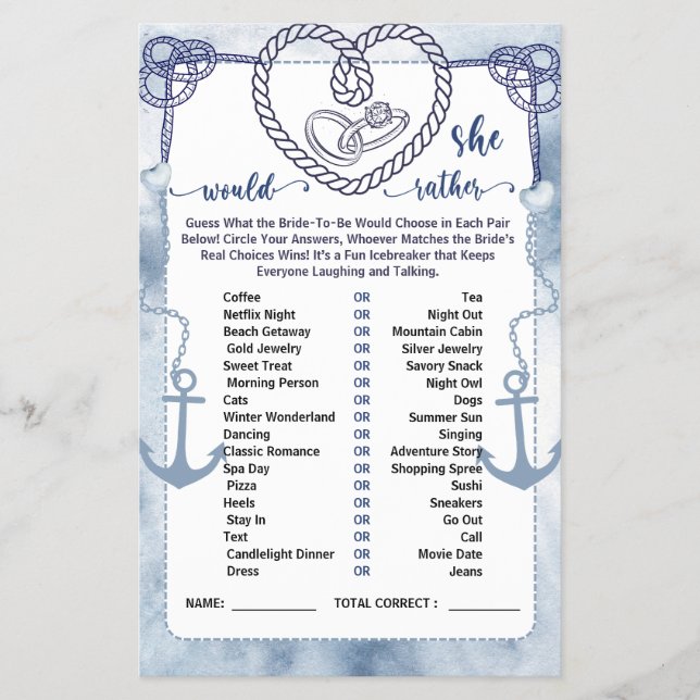 Flyer Nautical Would She Rather Game Bridal Shower card (Frente)