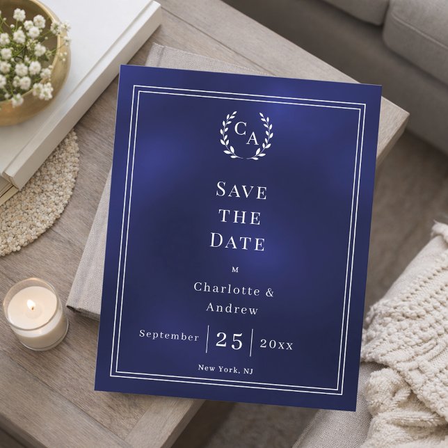 Flyer Navy blue monogram budget wedding Save the Date  (Criador carregado)