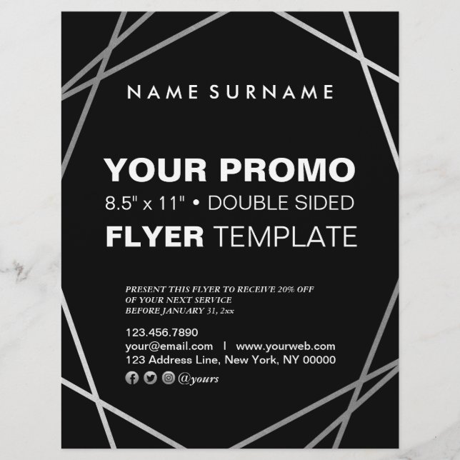 Flyer Negra Mínima Moderna para Prata Geométrica de 8,5" (Frente)