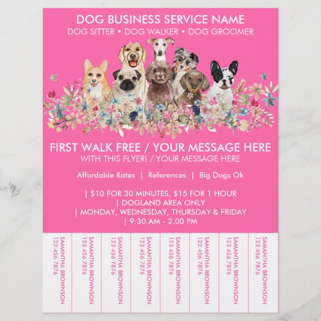 Flyer Neon Pink Breeds Dog Walker Budget Ticket (Frente)