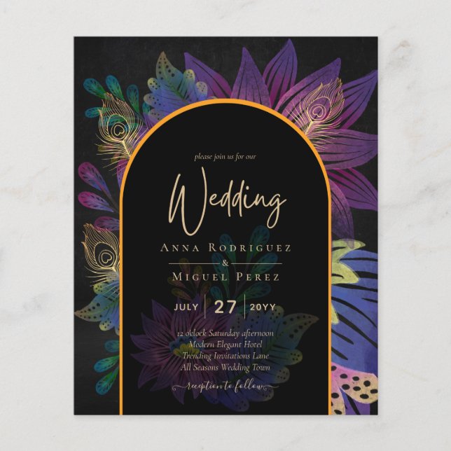 Flyer Noir Peacock Jewel Tones Casamento Floral (Frente)