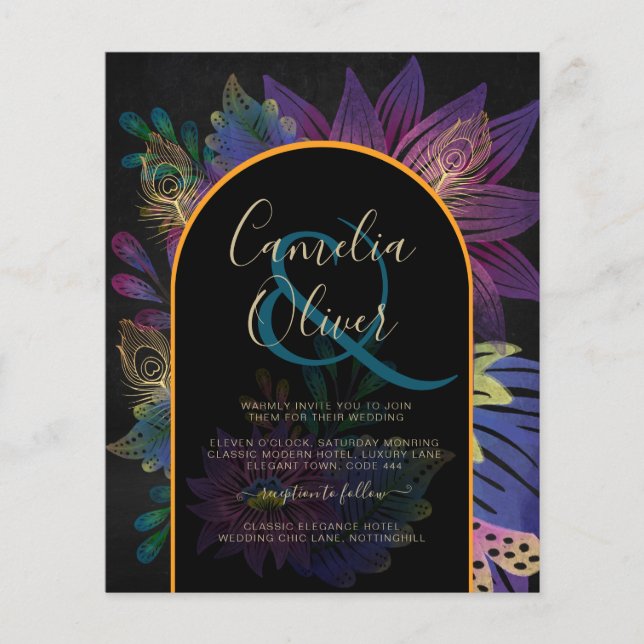 Flyer Noir Peacock Jewel Tones Casamento Floral (Frente)