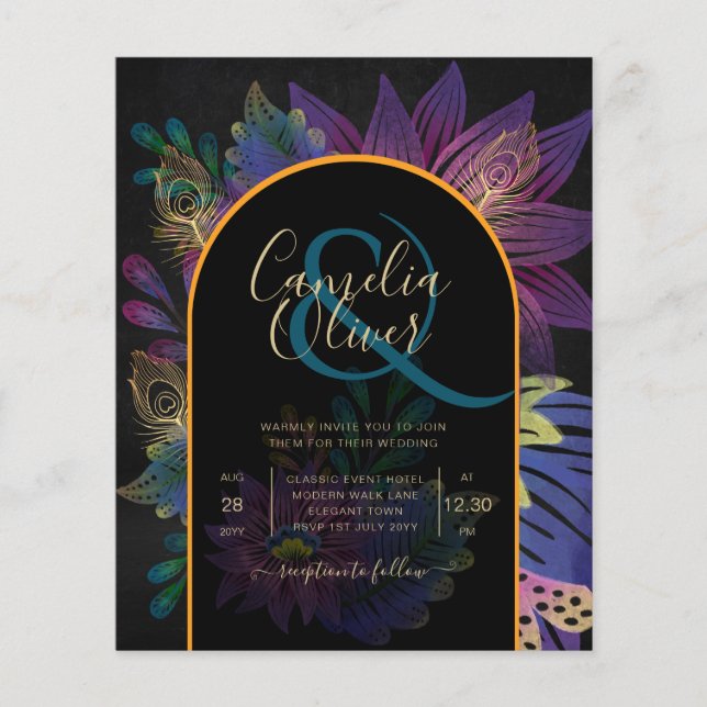 Flyer Noir Peacock Jewel Tones Casamento Floral (Frente)