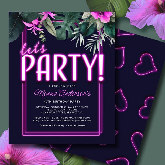 Flyer Noivado Tropical Neon Neon, do Partido do Vamos Or (Budget Let's Party Pink Neon Tropical Birthday Flyer)