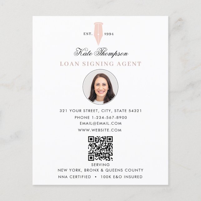 Flyer Notary Signing Agent  Modern Pink QR Code Photo (Frente)