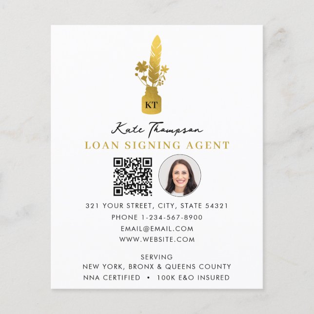 Flyer Notary Signing Agent QR Code Photo Botanical Quill (Frente)