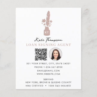 Flyer Notary Signing Agent QR Code Photo Botanical Quill