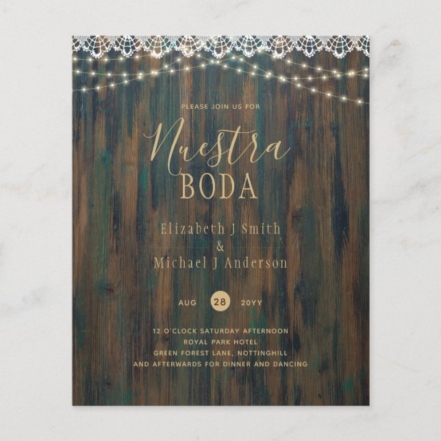 FLYER NUESTRA BODA BUDGET RUSTIC LIGHES LACE INVITE (Frente)