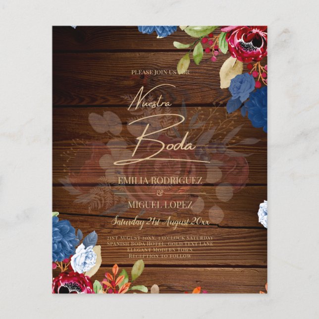 Flyer NUESTRA BODA Burgundy Convite de casamento azul (Frente)