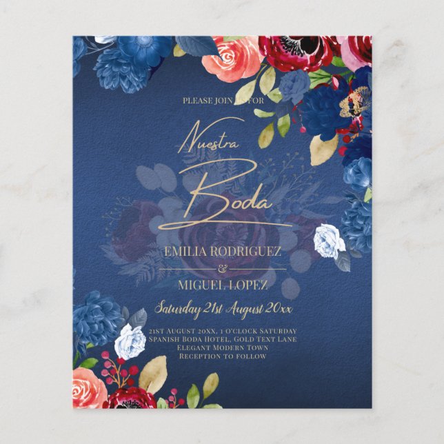 Flyer NUESTRA BODA Burgundy Convite de casamento azul (Frente)