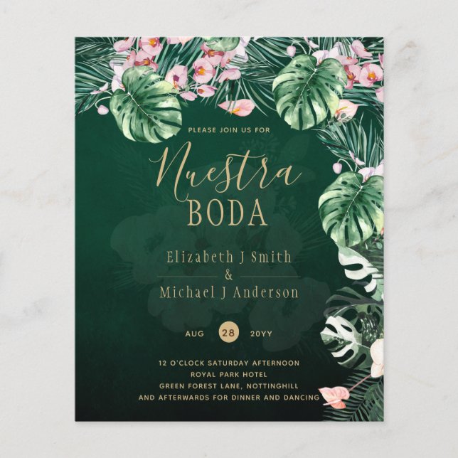 Flyer NUESTRA BODA Convite Floral Tropical Verde Rosa (Frente)