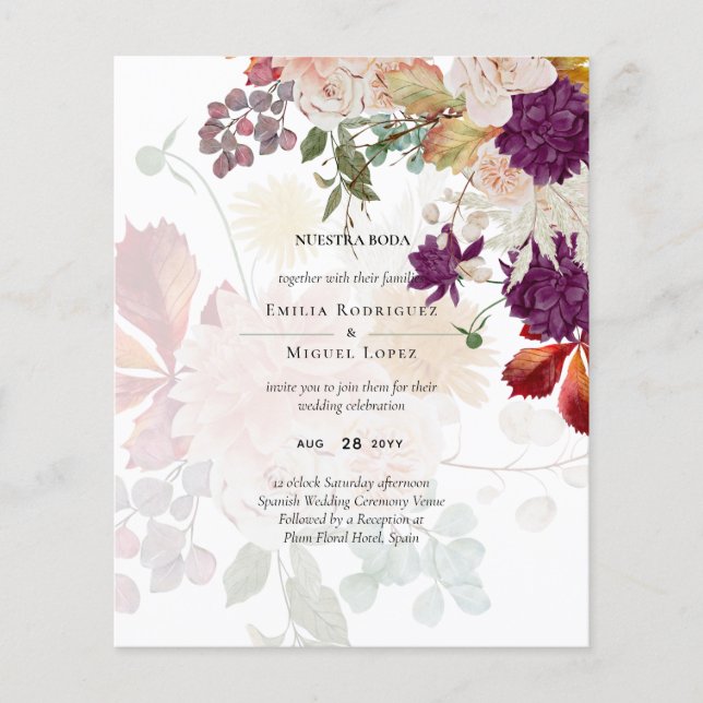 Flyer NUESTRA BODA Plum Fall Floral Casamento espanhol (Frente)