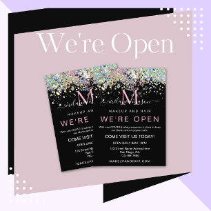 Flyer O Elegante Holográfico Glitter Estamos Abertos Sa