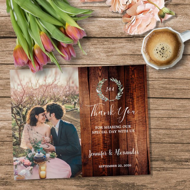 Flyer Obrigado casamento com foto em madeira rústica eco (Budget rustic wood photo Thank you wedding Flyer, You can add your own photo to personalize.)