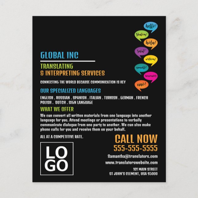 Flyer Olá, Design, Tradutor e Intérprete (Frente)