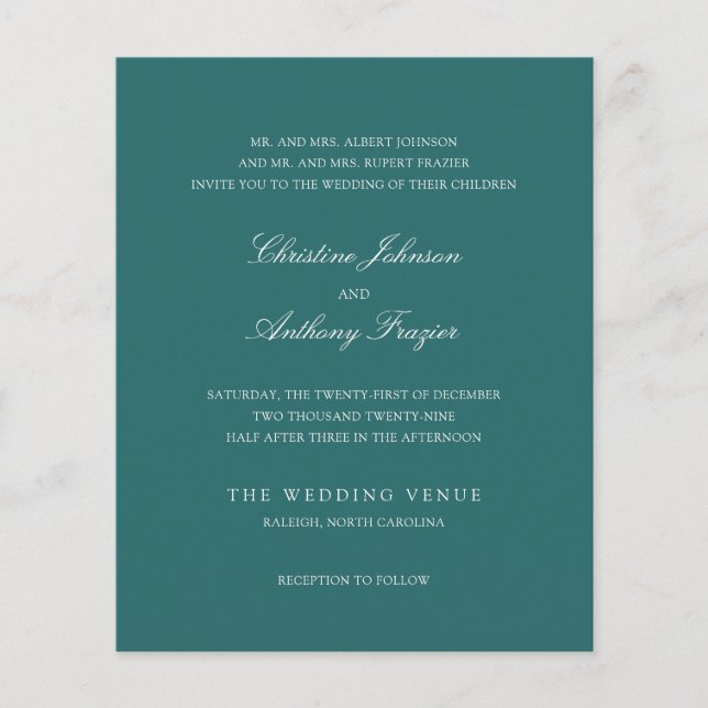 Flyer Old Money Teal Classic Wedding Invite (Frente)