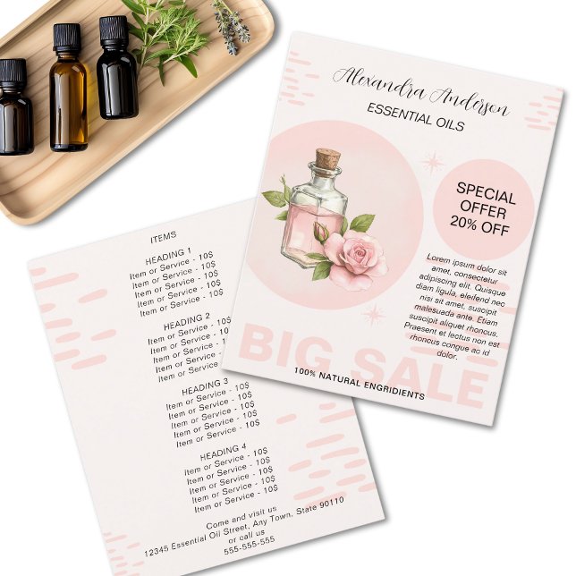 Flyer Óleos Essenciais de Rosa Floral Aquarela Promoção (Rose Essential Oils Watercolor Floral Promo Flyer)