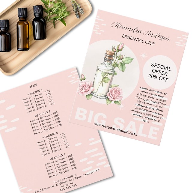 Flyer Óleos Essenciais Molas de Aquarela (Rose Essential Oils Watercolor Floral Bottle Promo Flyer)