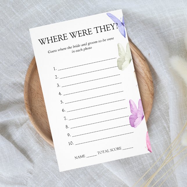 Flyer Onde eles estavam a Borboleta de Jogo Chá de panel (Where were they - bridal shower game - he gives her butterflies)