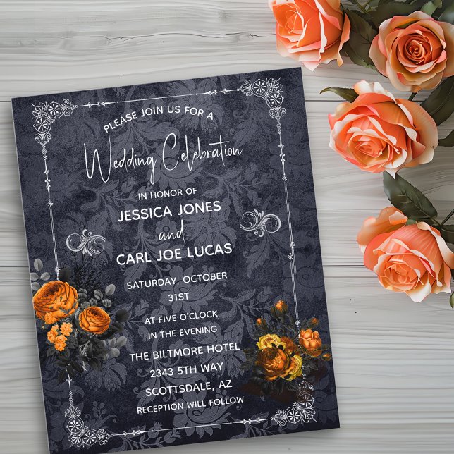 Flyer Orange Rose Floral Ornate de Casamento de Hallowee (Criador carregado)