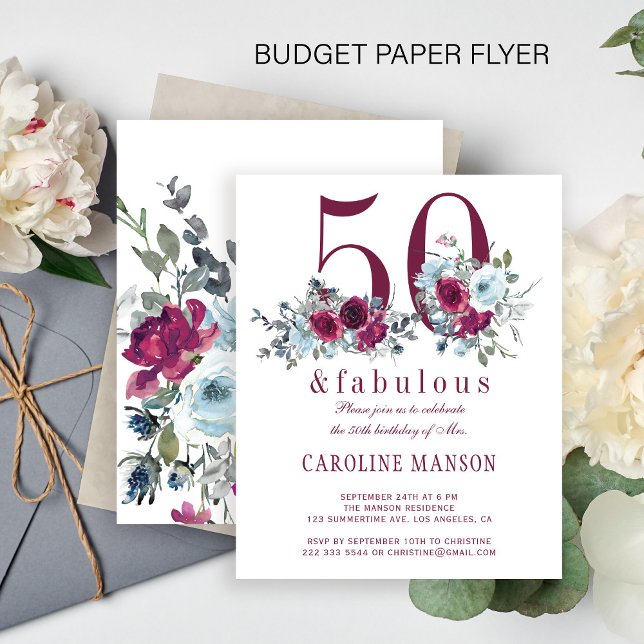 Flyer Orçamento 50 e convite de aniversário floral fabul (Criador carregado)