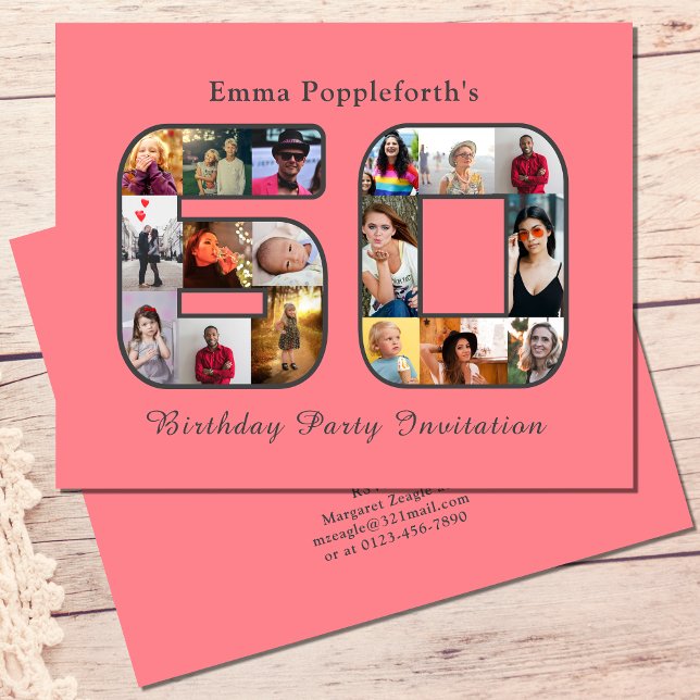 Flyer Orçamento 60º Convite de Aniversário 60 Foto Rosa (Budget blush pink 60th birthday invitation. Personalized photo template collage.)