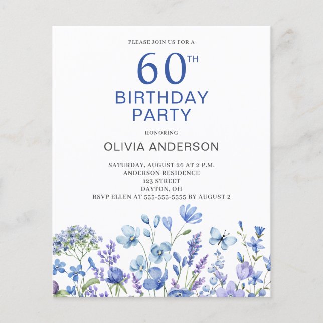 Flyer Orçamento 60 Aniversário Azul Convite Floral (Frente)