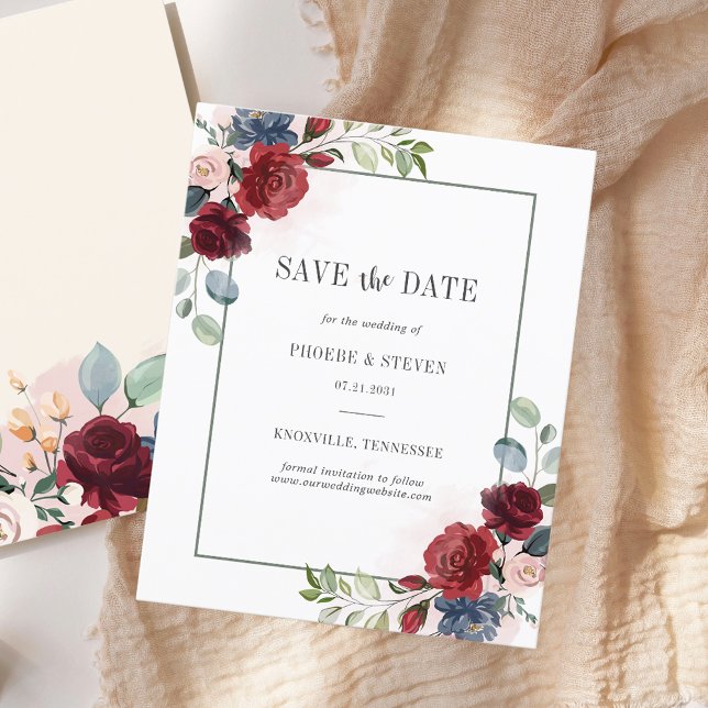 Flyer Orçamento Borgonha Floral Verde Salve a Data (Floral Burgundy Watercolor Wedding Save the Date)