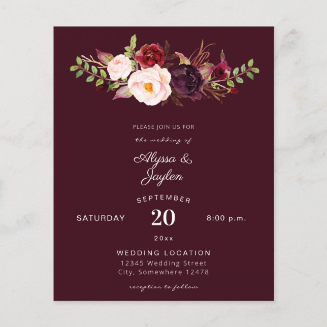Flyer Orçamento Borgonha Marsala Floral Burg Wedding Fly (Frente)