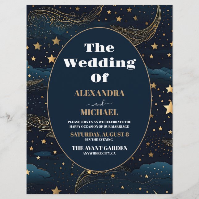 Flyer Orçamento Celestial Crescente Lua Dourado Casament (Frente)