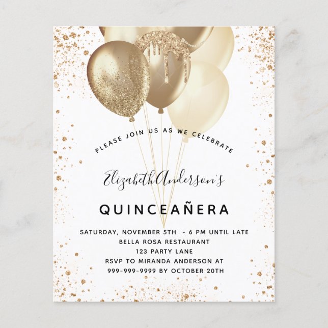 Flyer Orçamento de balões de ouro branco de quinceanera (Frente)