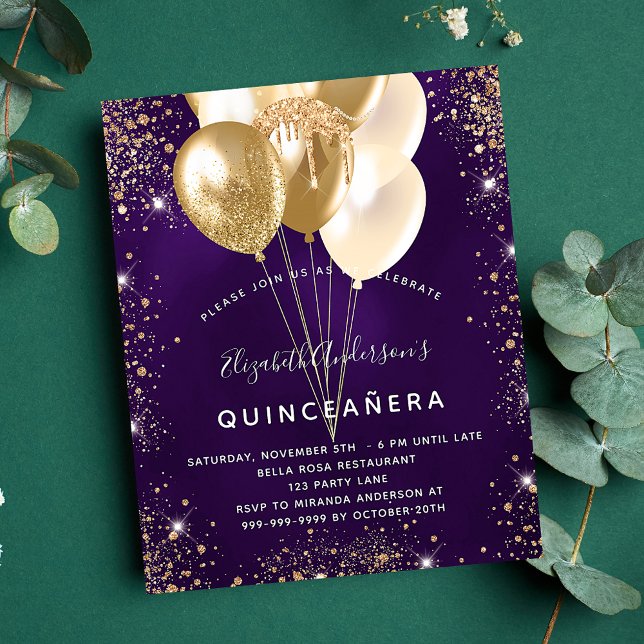 Flyer Orçamento de balões de ouro roxo de Quinceanera (Criador carregado)