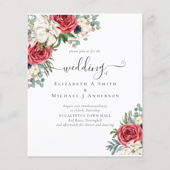 Flyer Orçamento de Casamento Floral Azul Branco Elegante (Frente)