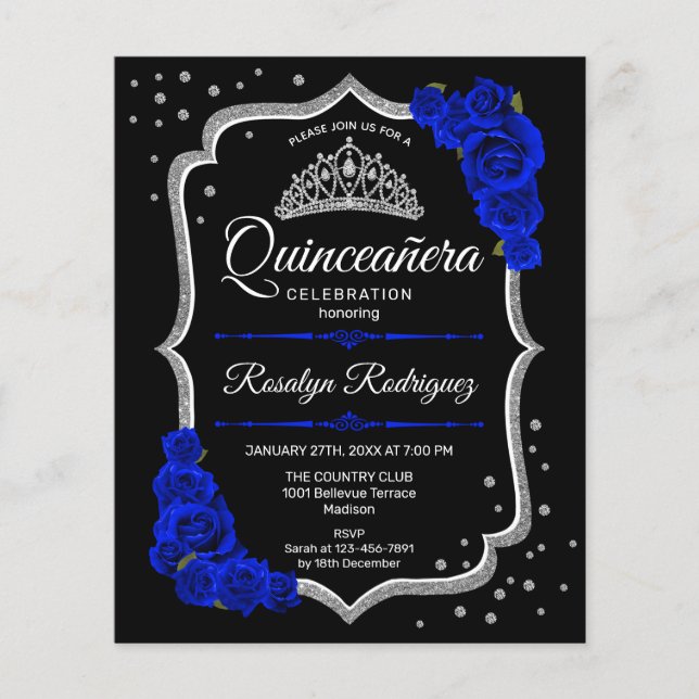 Flyer Orçamento de Quinceanera Convite Preto Prata Azul  (Frente)